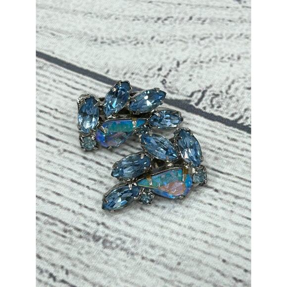 Vtg Weiss Signed Silver Tone Blue Aurora Borealis Rhinestone Clip On Earrings - Picture 7 of 11